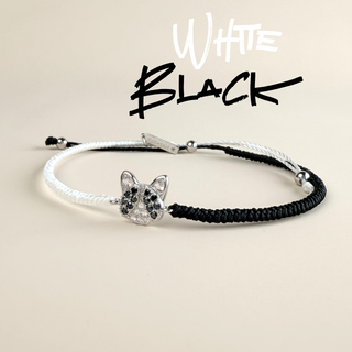 ハンドメイド 黒白猫の編み込みブレスレット