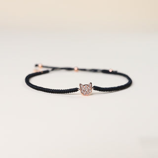 ハンドメイド 猫の編み込みブレスレット - 黒